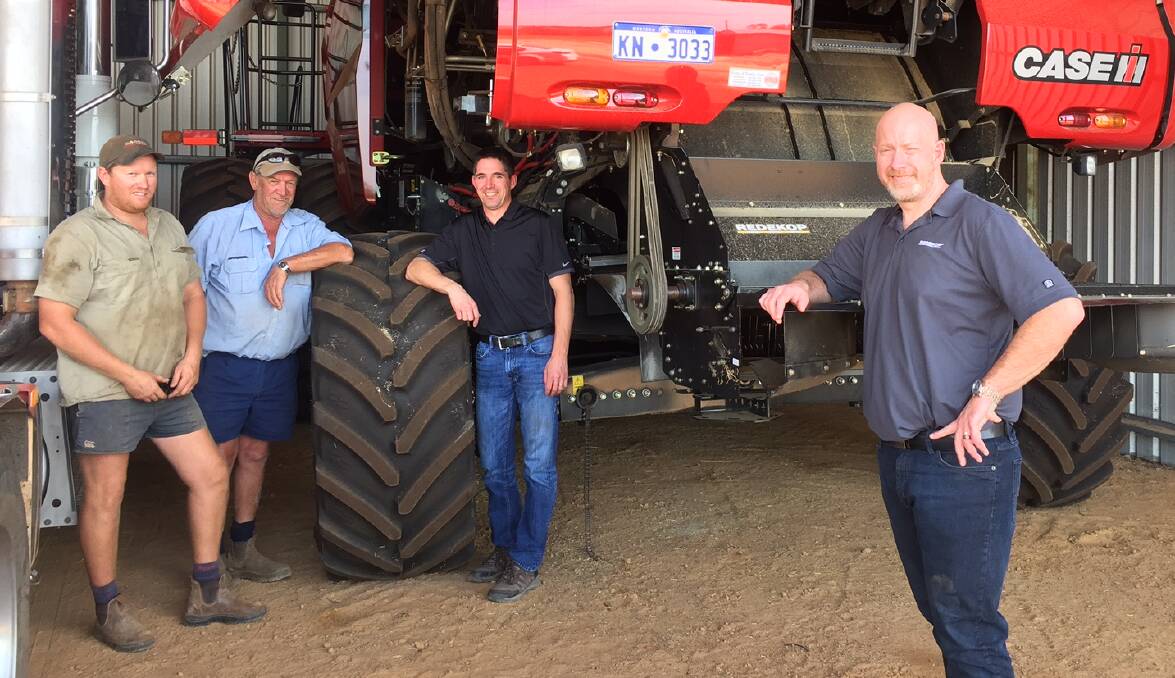Kondinin, WA farmers, Glenn and Rob Browning with Redekop chief engineer, Corbin Ericson and Redekop co-owner, Trevor Thiessen (R) who were visiting Australia recently checking local applications of the spreader.
