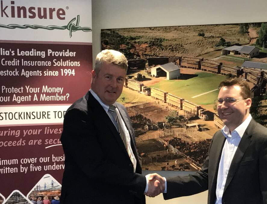 Stock and Station Agents Co-operative chief executive officer, Matthew Starr, welcomes National Credit Insurance Brokers CEO, Kirk Cheesman, to the Stockinsure fold.