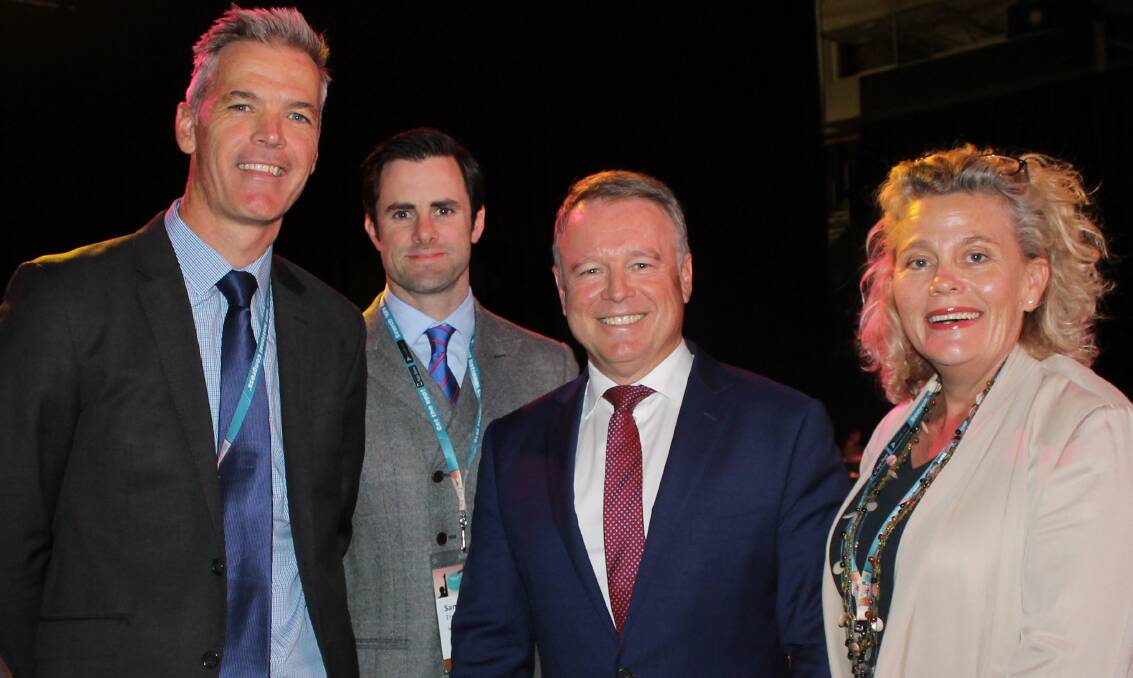 Opposition agriculture spokesman, Joel Fitzgibbon (second from right), at the National Farmers Federation Congress in Canberra with NFF chief executive officer, Tony Mahar; SproutX managing director, Sam Trethewey, and NFF vice president and NSW Liverpool Plains family farmer, Fiona Simson.