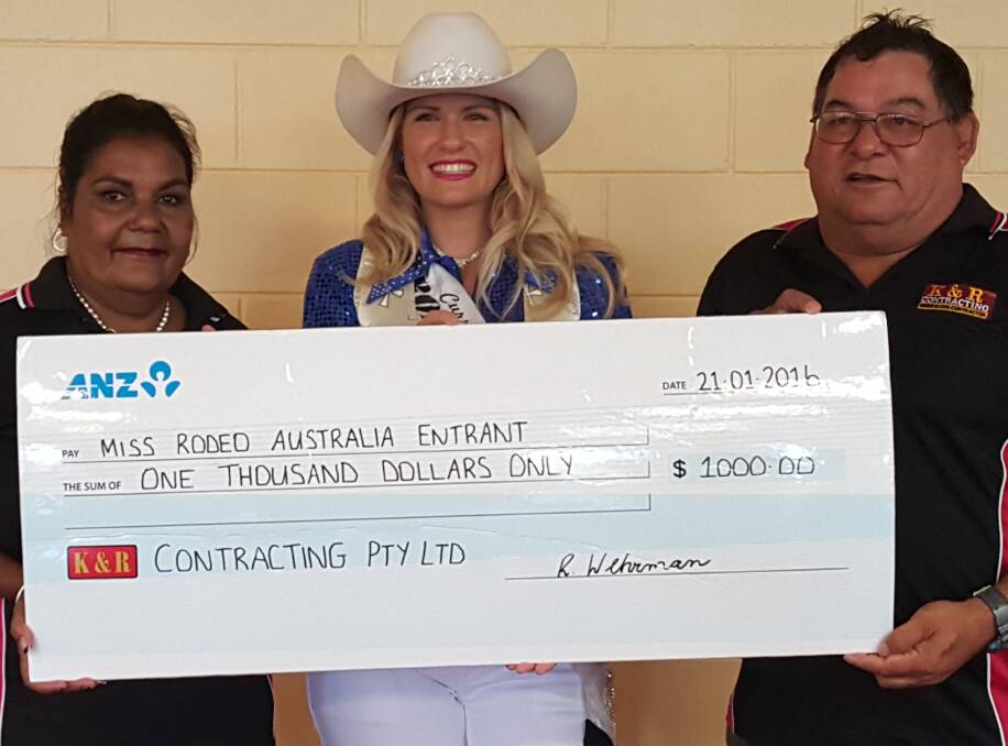 Local support: Cloncurry's Miss Rodeo Australia entrant Katy Scott (centre) financially supported by K&R Contracting Pty's Rita and Kevin Wehrman.
 