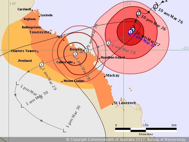 The latest forescast tracking map for TC Debbie, issued by BOM at 1.58pm.