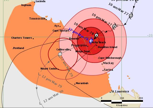 The 12noon tracking map for TC Debbie, issued by the BOM.
