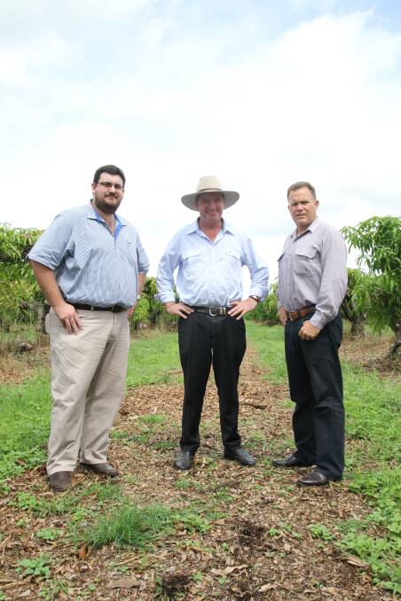 Member for Hinchinbrook Andrew Cripps, Federal Agriculture Minister Barnaby Joyce and LNP candidate for Barron River Michael Trout at Saturday's Lakeland water study announcement.