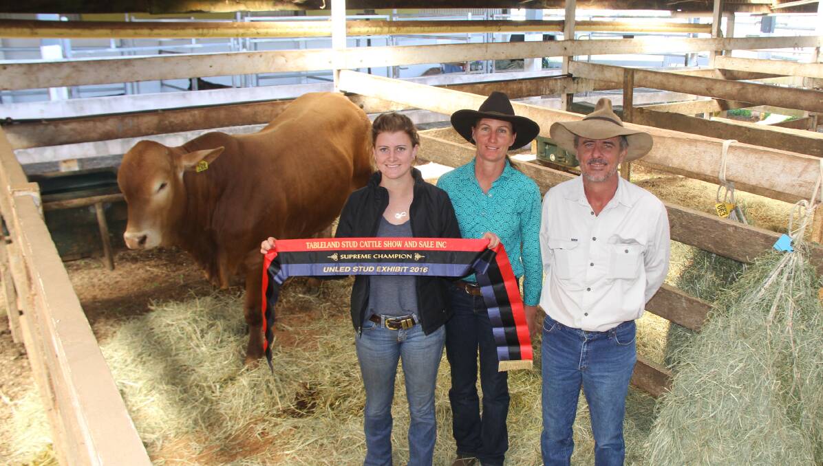 Number One: Emily, Rachel and Scott Bowden, Chilverton Park Droughtmasters, with the supreme champion unled stud exhibit, Chilverton 5109.