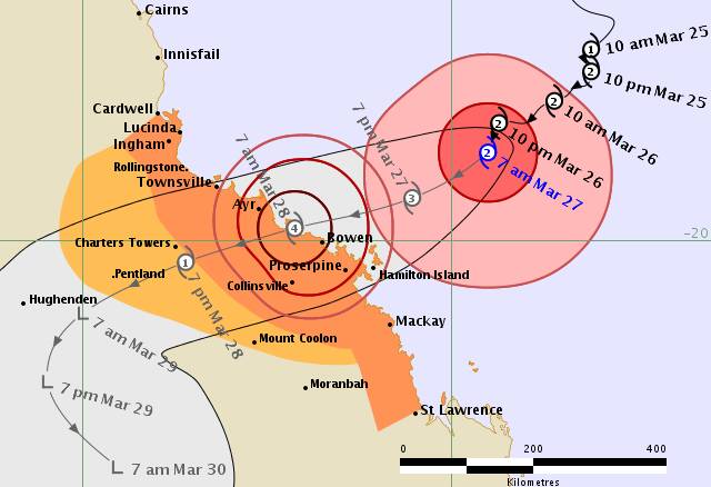 Tropical Cyclone Debbie forecast map issued at 7:48 am Monday.