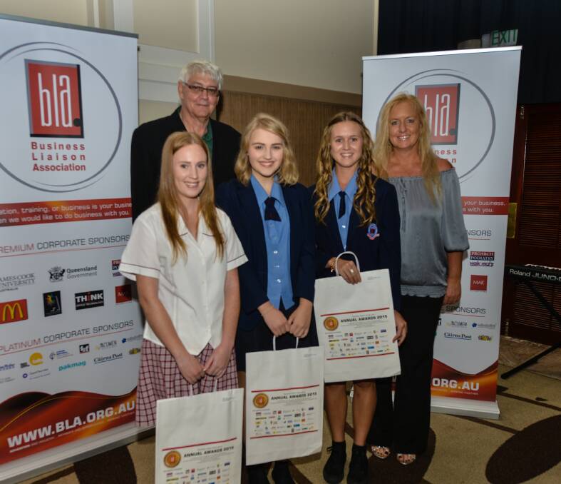 Natural Sciences 2015 bursary recipients from left Jamie Pollen, Atherton State High School (3rd), and Lily Kars, (2nd), and Layne Trelfall, (1st) both from Tully Sate High School, with award sponsor Dennis Howe and Leanne Kruss, Mareeba and District Fruit and Vegetable Growers Association.