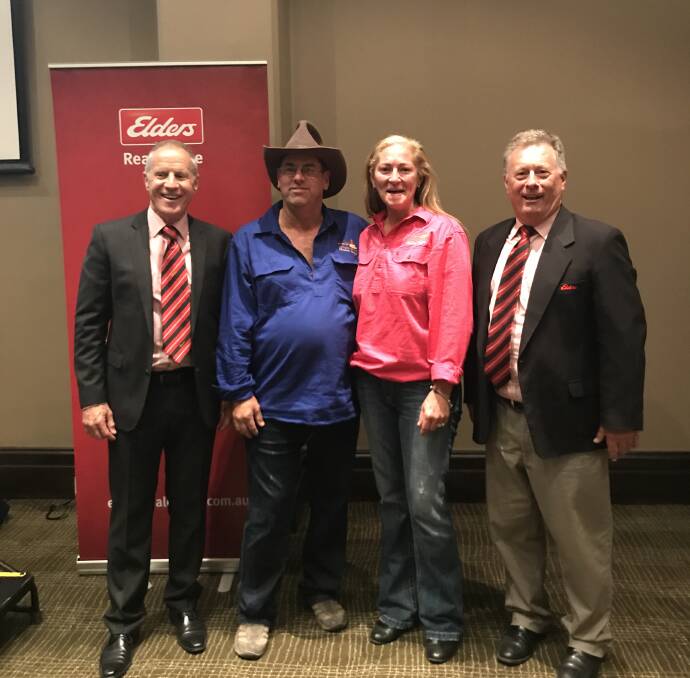 Elders auctioneer Phil Keen and Elders real estate agent Bruce Cameron (right) with Beltana Station vendors Graham and Laura Ragless, after the successful auction at the Mercure Grosvenor Hotel in Adelaide.
