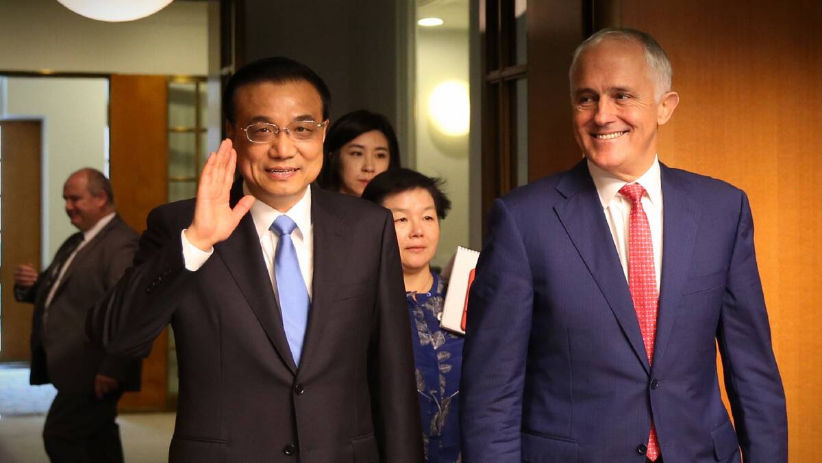 Prime Minister Malcolm Turnbull and Premier Li Keqiang of China at Parliament House in Canberra this morning. Photo: Andrew Meares