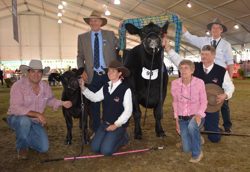 Pine Creek Angus stud's Andrew and Christie Kennedy and Sharon and Greg Fuller with the Best Exhibit in the Angus ring, PC Miss E99 Foreman J181 and calf PC Compliment. Holding the ribbon is judge Peter Collins and Angus Australia chief executive officer Peter Parnell. 