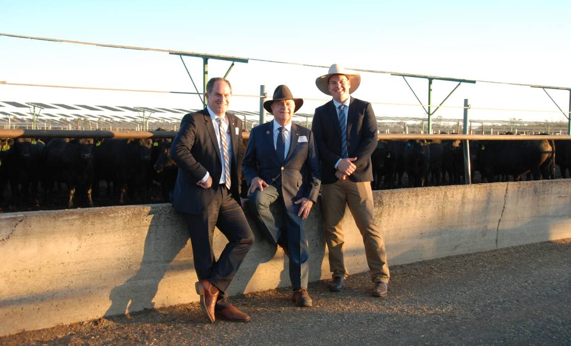 Stockyard's general manager Lachie Hart, owner Robin Hart and feedlot manager Steve Martin at Kerwee's November feedlot expansion unveiling.
