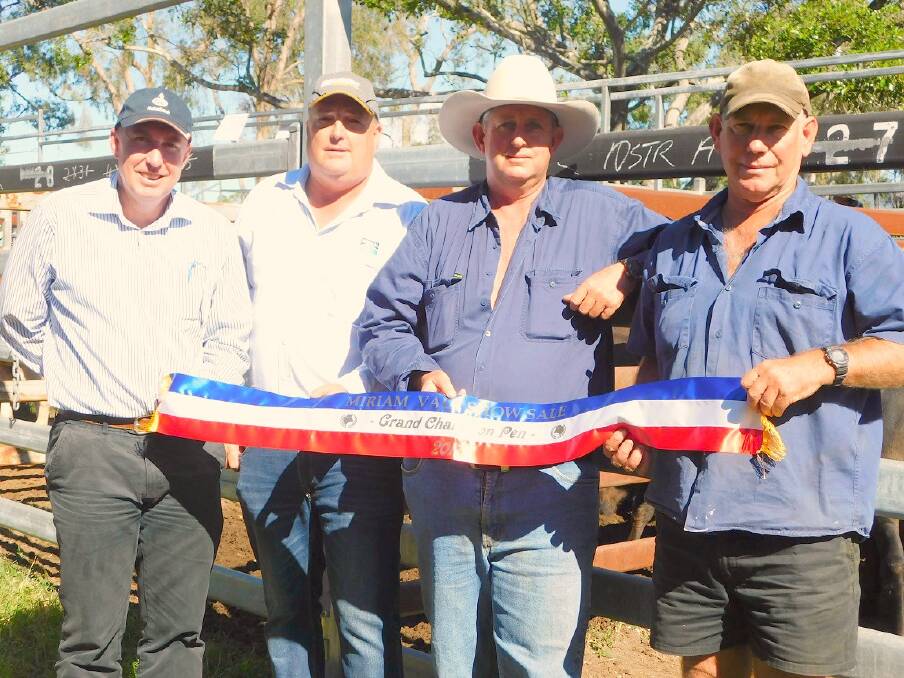 Michael Fletcher, Rabobank, Tony Newman, Merial Animal Health, Michael and Noel Turner, Lowmead who won the overall Grand Champion Pen of the Miriam Vale Cattle Show and Sale.