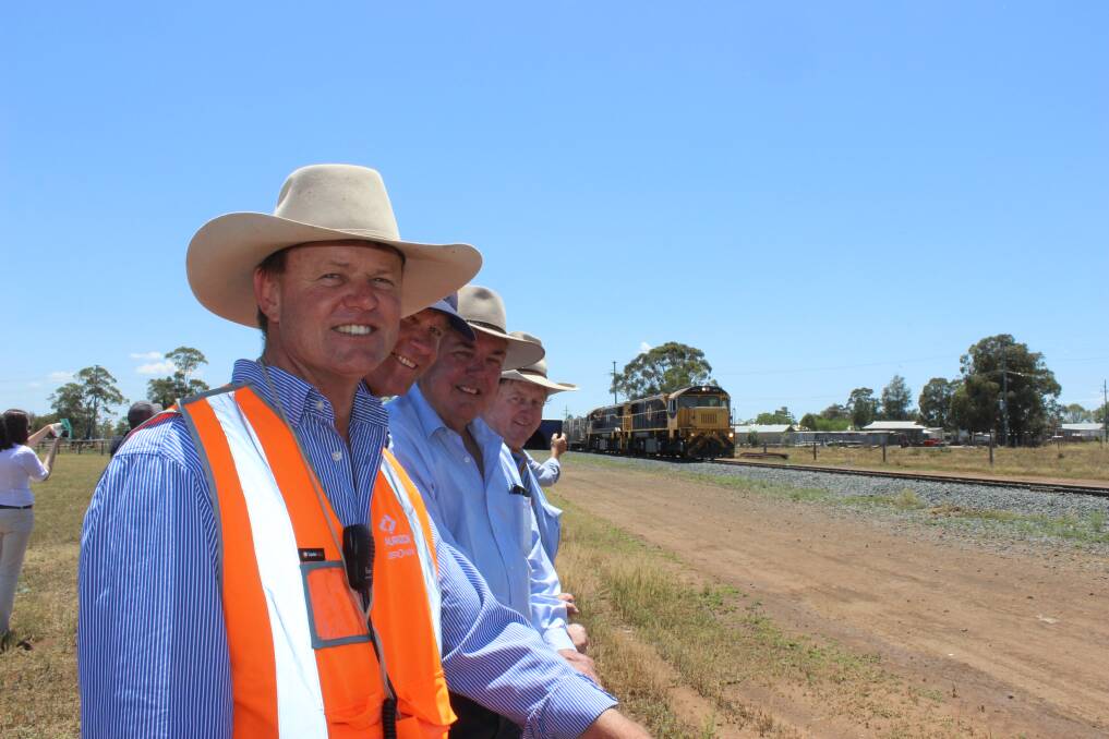 Oakey Beef Exports livestock manager Kurt Wockner, Quilpie mayor Stuart Mackenzie, SW RED chairman Lindsay Godfrey and Vaughan Johnson at the Oakey processing plant's cattle train arrival last year.
