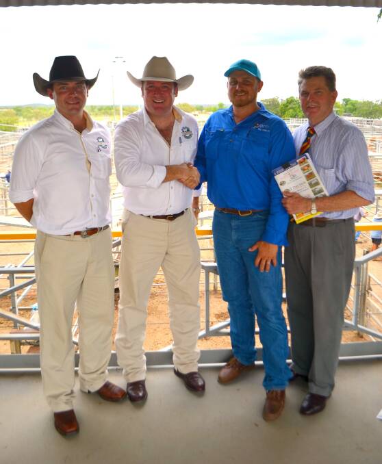 Elite Livestock Auctions' Brad Baker and Chris Norris with Mark Bogle, Sky Brahmans, Dingo, and Big Country Brahman Sale coordinator Ken McCaffrey, McCaffrey’s ALM. Mr Bogle was the first ever winning bidder to use the company's online bidding system purchasing a bull at the sale for $3500.