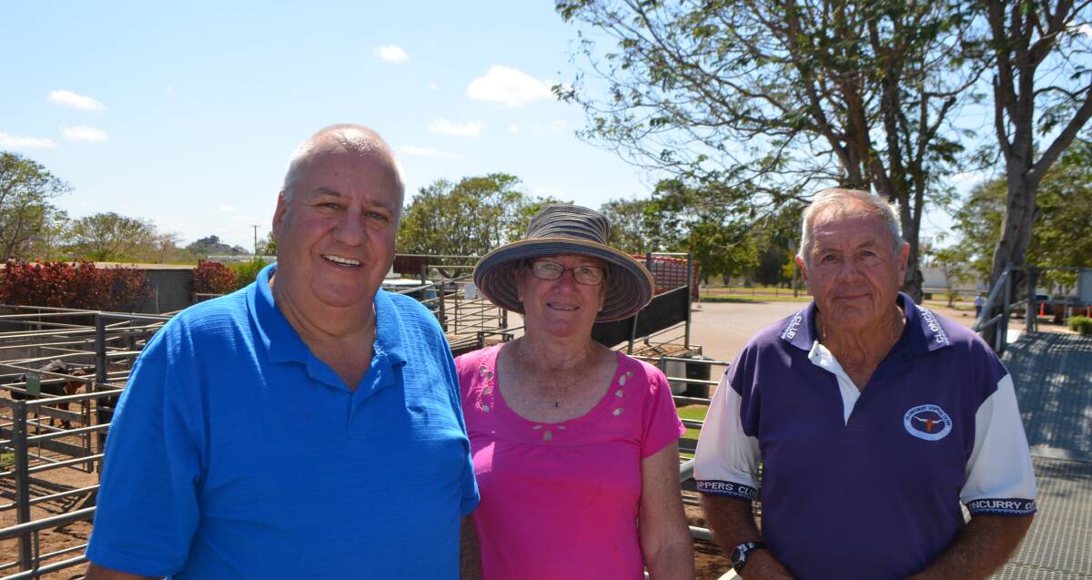 Towers sale inspection: Peter Morgan, Melbourne, got a taste of saleyard action with commercial cattle operators Bruce and Margaret Smith, Good Night Scrub, Gin Gin. 