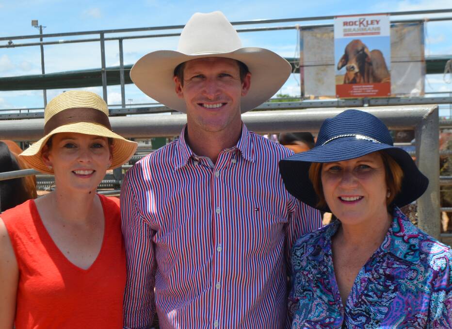 Rockley returns: Ashley Kirk with fiancee Kate O’Grady and mother Sally Kirk at the Dalrymple Saleyard, Charters Towers for the first day of the Big Country Brahman Sale.
The sale marked Rockley Stud's first action in the sale ring since 2012.
