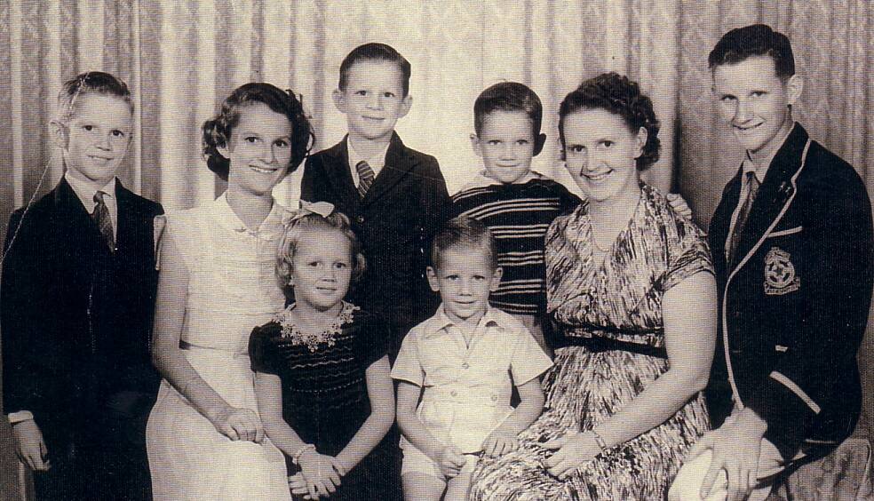 Dadie with her children: Joey, Cathie (seated), Mary (seated), Jim, Pat, Mike (seated), Dadie and eldest son Peter.