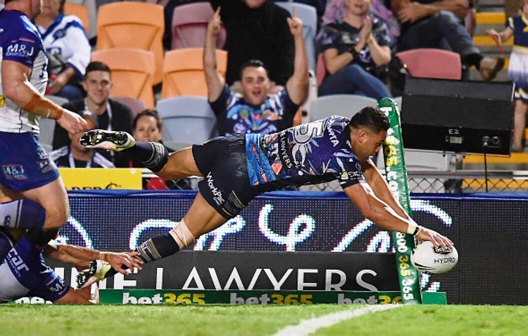 Antonio Winterstein strikes gold on the edge to secure his hatrick while putting the exclamation point on the North Queensland Cowboys 36-0 win over the Canterbury Bulldogs on Thursday night.