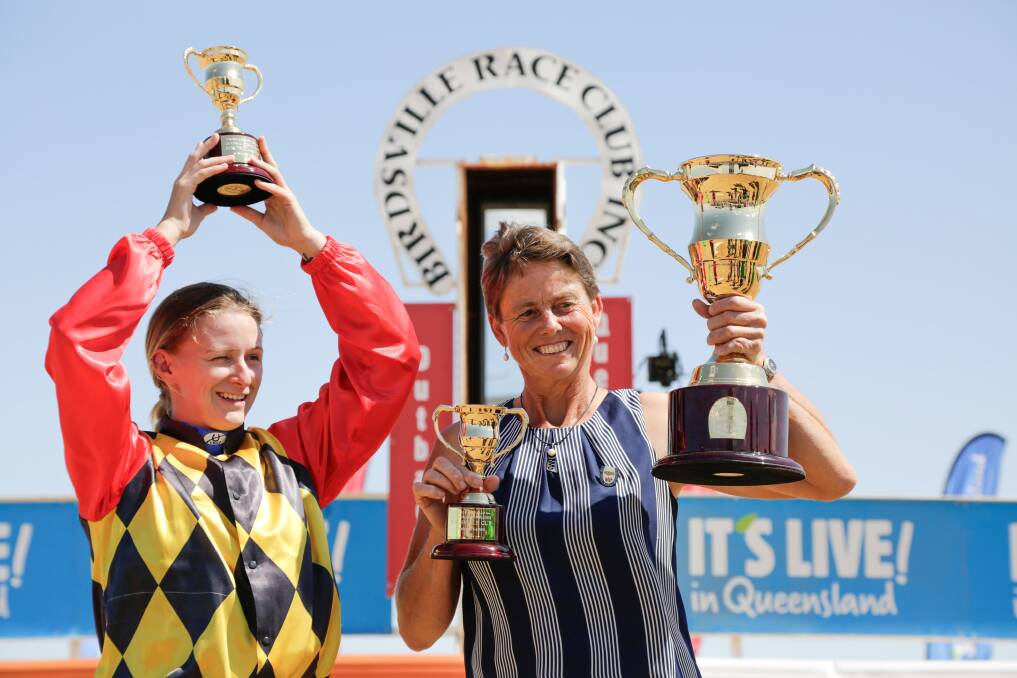 Historic duo: Jockey Kayla Cross stormed to victory on the Heather Lehmann-trained More Alpha in the Birdsville Cup to become the female jockey/trainer combination to win the race in its 134 year history. Photo by Salty Dingo.