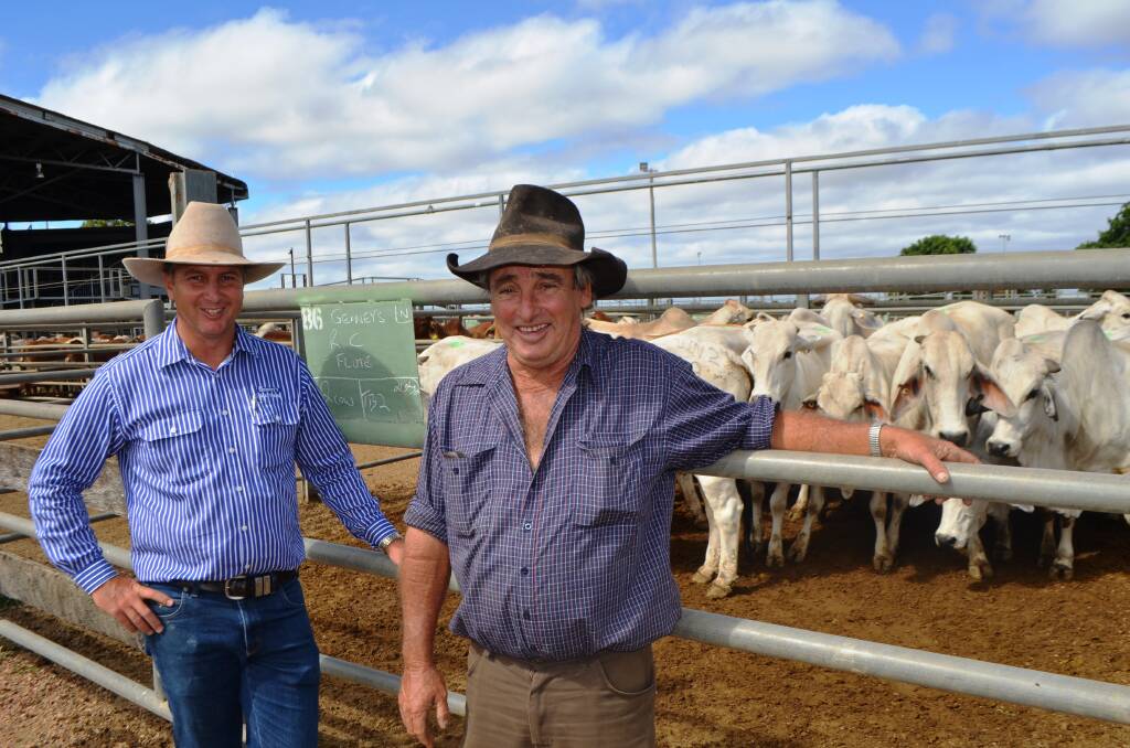 Matt Geaney, Geaneys Real Estate and Livestock having a yarn with Rob Flute, Chatfield, Richmond, at the weekly store and prime sale held at the Dalrymple Saleyards in Charters Towers on Wednesday.