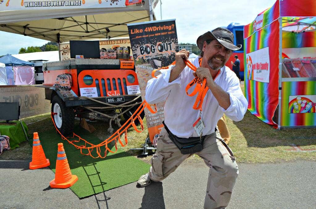 Cairns inventor Paul Aubin demonstrates his "Bog Out" vehicle recovery device, during the Townsville Caravan, 4x4 & Outdoor Adventure Expo being held from September 9-11 at Reid Park.