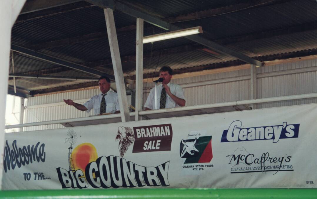 Going strong: Jim Geaney and Ken McCaffrey, selling at one of the early Big Country Brahman Sales in the 1990's. The duo have been involved as co-agents for the sale every year since the inaugural sale in 1994. 