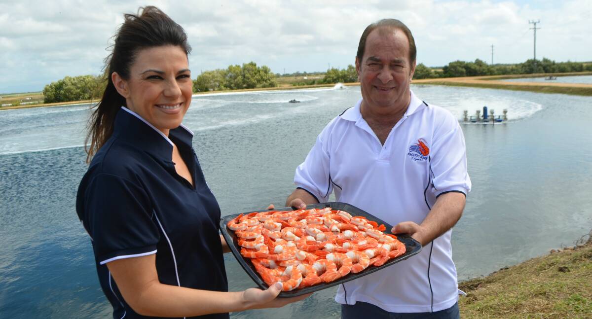 Pacific Reef Fisheries chief operating officer Maria Mitris-Honos celebrates the businesses nearing nursery expansion with her father and managing director Nick Mitris.