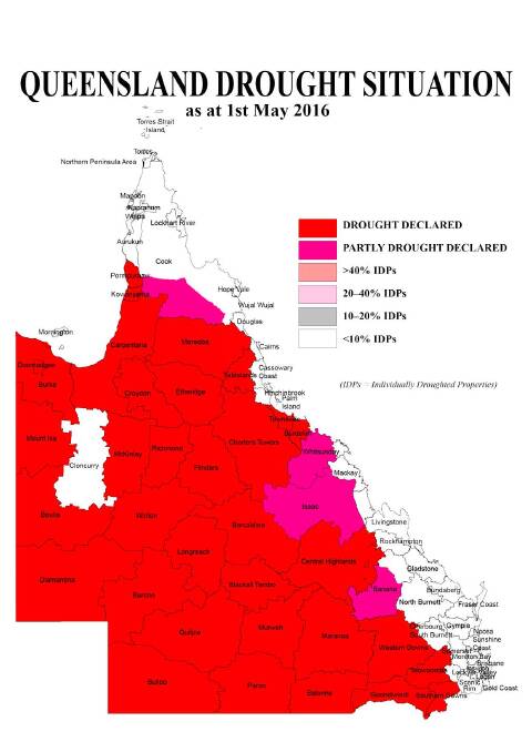 The latest Queensland drought map, showing the removal of Cloncurry and South Burnett local government areas, and the addition of Mareeba and Tablelands council areas.