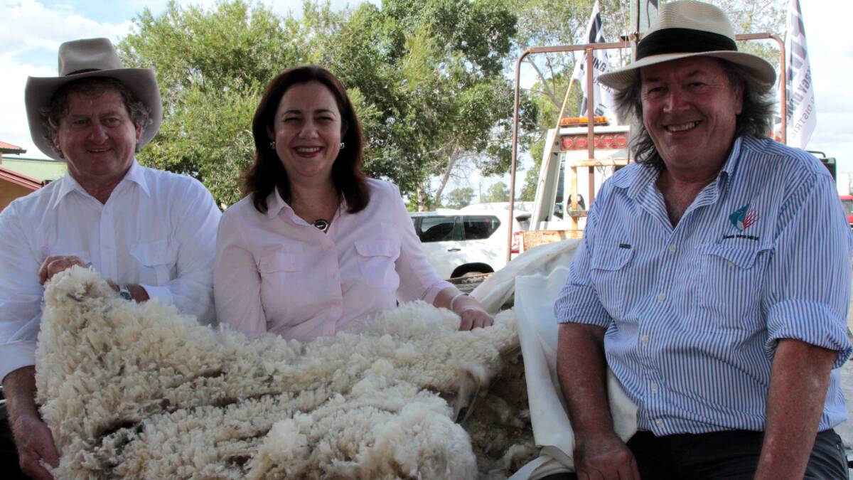 The former Member for Gregory, Vaughan Johnson, pictured left with Premier Annastacia Palaszczuk and Mark O'Brien in Barcaldine in May, has spoken out against putting government money aside to loan to individual graziers looking to fence their country. Picture: Sally Cripps.