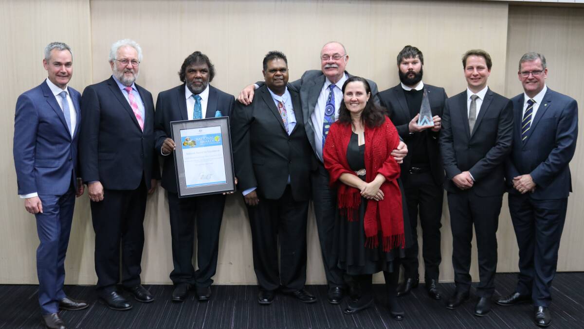 Representatives of the Wujal Wujal Aboriginal Community with the federal Member for Leichhardt, Warren Entsch, and Regional Development Minister, John McVeigh, at the awards night in Canberra.