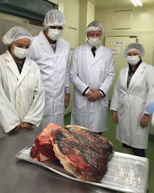 Australian Intercollegiate Meat Judging tour participants Darcy Ryder, Peter McGilchrist, Andrew Cox, and Kiri Broad, at the dry ageing facility in Sapporo. Photos supplied by Kiri Broad.