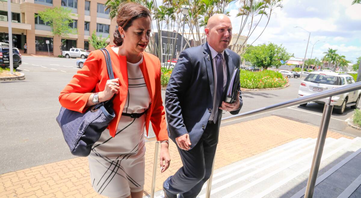 Stepping up: Premier Annastacia Palaszczuk and Treasurer Curtis Pitt arriving at the Rockhampton Council chambers on Monday, where the defence department land acquisition was on the agenda. Photo: Kelly Butterworth.