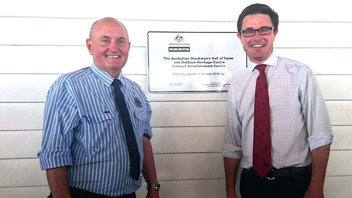 Australian Stockman's Hall of Fame chairman David Brook and Member for Maranoa David Littleproud opening the Outback Entertainment Centre.