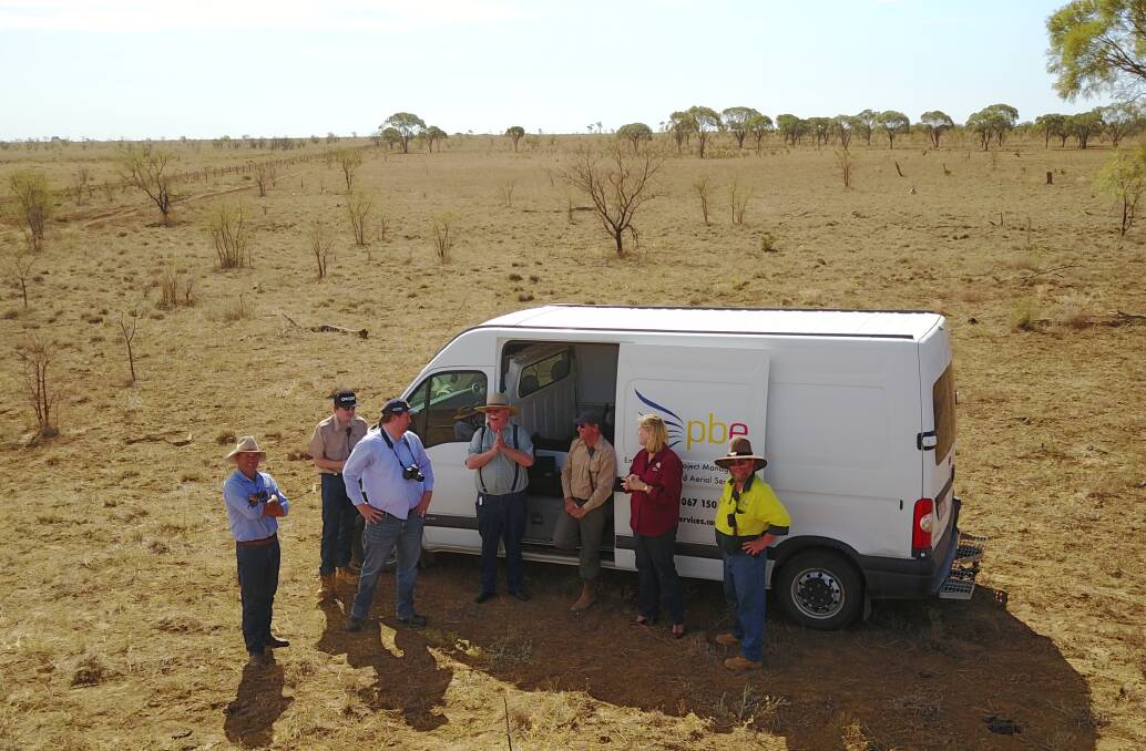 Senator Barry O'Sullivan joined Desert Channels Queensland representatives, including chair Dominic Burdon, PBE Services assistant drone operator Nick Rumsey, federal Department of Agriculture assistant director Daniel Passer, PBE Services director Simon Wiggins, DCQ CEO Leanne Kohler, and DCQ field supervisor Peter Spence, on a visit to prickly acacia-affected areas of western Queensland recently.