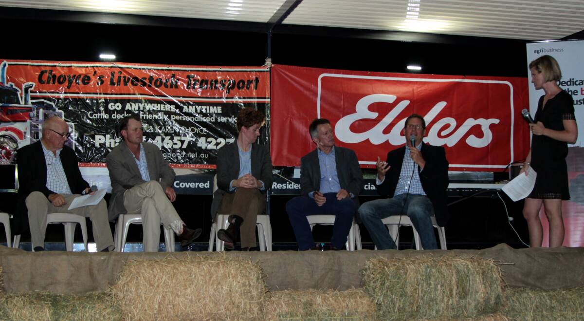 Meaty topics: Beef forum panel members in action at the Barcaldine show, including Mort and Co's Brett Campbell on the microphone. Picture: Sally Cripps.
