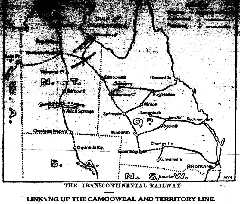 A primitive map outlining a grand vision to connect Queensland and the Northern Territory by rail was splashed across the newspaper in 1915, showing the nation-building scope of early leaders.