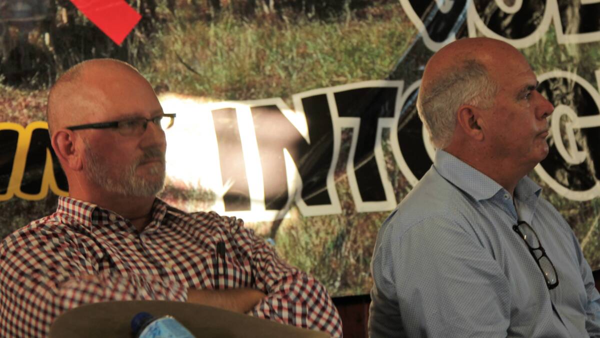 Questions: Rockhampton MP Bill Byrne, also a former Shoalwater Bay commander, pictured with Livingstone shire mayor Bill Ludwig at the public meeting at Marlborough. Pictures: Sally Cripps.