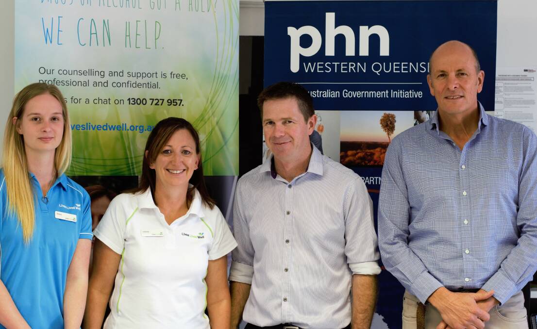 Lives Lives Well staff, Grace Thomson, Leanne Fawcett and James Curtain, the manager of clinical services for south west Queensland, and western Queensland CEO, Stuart Gordon, the group which is funding the new service, at the opening.