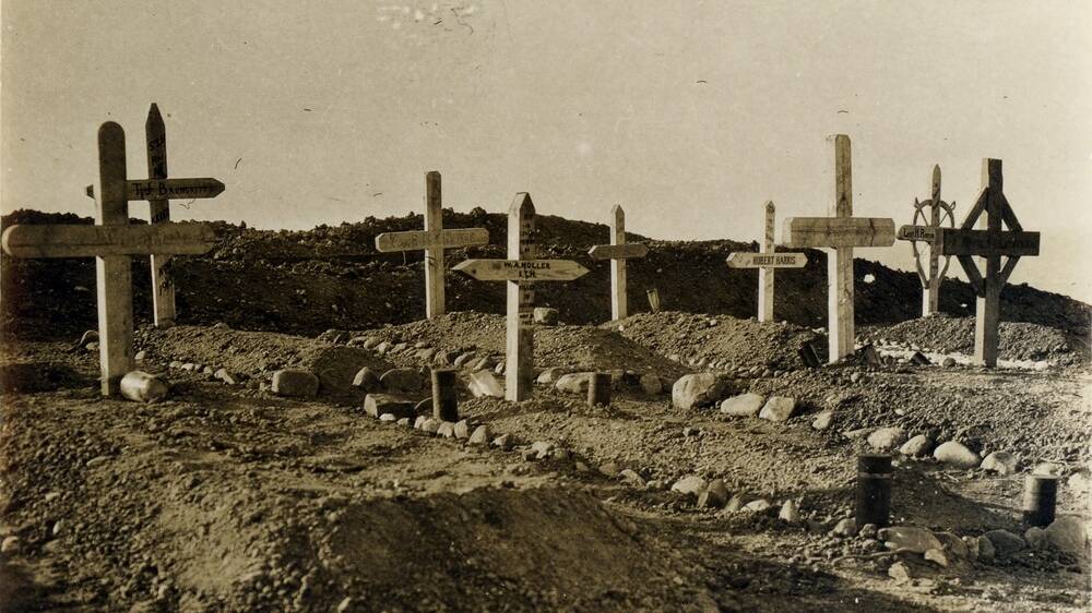 Burial plots at Gallipoli. Image sourced from State Library of Queensland.