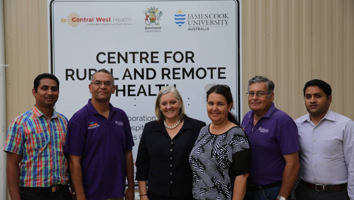 JCU's Mount Isa Centre for Rural and Remote Health staff at the opening included IT systems and services officer; Sanjay Narayan; head of indigenous health, Shaun Solomon; director Sabina Knight; head of education, Catrina Felton Busch; central west students and site coordinator, Peter Coombes; and operations manager, Vijay Thummala.