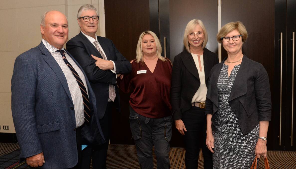 Kim and (right) Rocky Henderson, Grogansworth Merino stud, Bowning, AWI director David Webster, industry events manager Wendie Ridgley and director Colette Garnsey, at the agm in Sydney last week. 