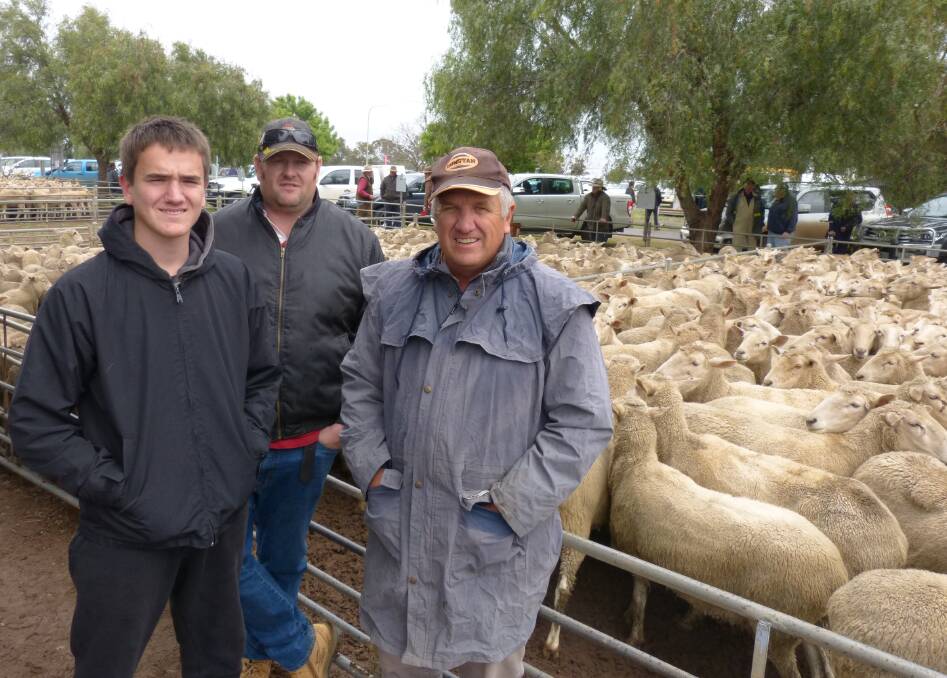 Patrick Lindsay, Brad Jenkinson and Brendan Lindsay, Prospect Rural, Brim, Vic, sold 155 two year-old first cross BLM ewes, with 247 Detpa Grove White Suffolk lambs for an Australia record price of $456 at Wycheproof last week. 