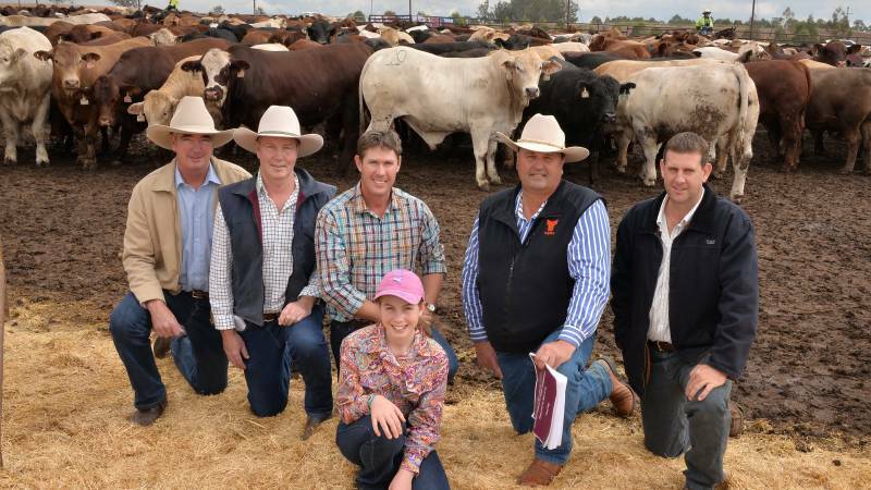Phase one Paddock to Palate 2015 winners: David Sullivan, Riverglen Pastoral, Glenmorgan, with his brother Michael, Peter Mahony, Gyranda Santa Gertrudis Stud, Theodore, with his daughter Josephine, 13, Rob Sinnamon, Yulgilbar Station, Baryulgil, NSW, and QATC Emerald Agricultural College's Brad Walker at Grassdale Feedlot for the feedlot phase results.