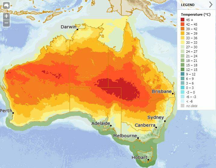 Forcast maximum temperatures for Christmas Day across Australia. Source: the BOM 