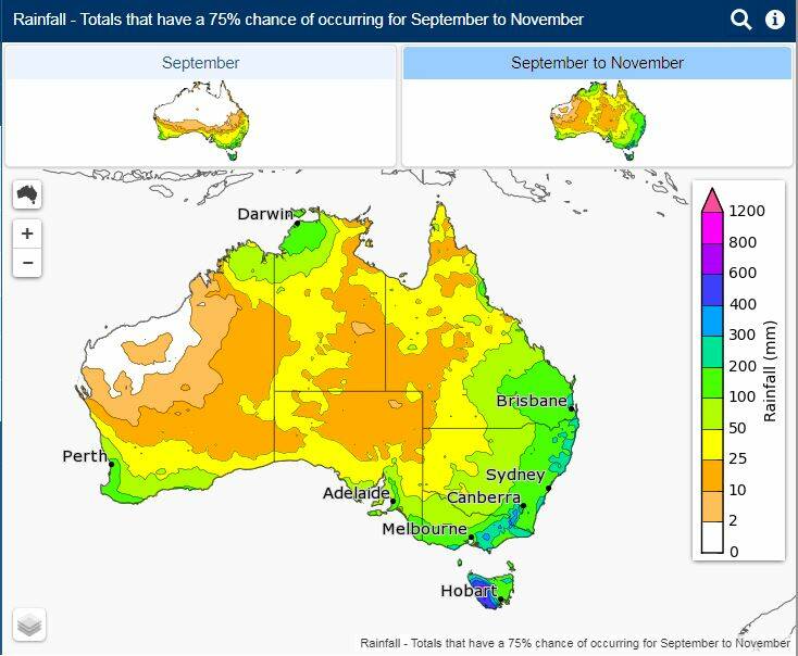 Rainfall - totals that have a 75 per cent chance of occurring for September to November. Source: BOM  