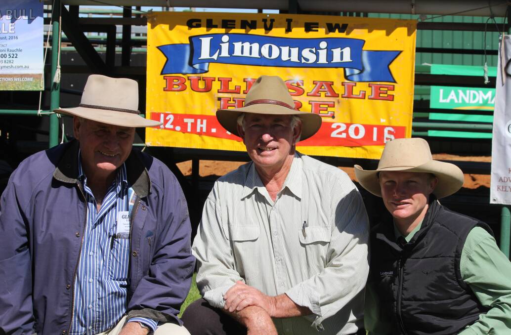 Top price buyer, Robert Brown, Benalla, Roma, with Glenview Limousin principal, John Winning and Landmark's Brodie Hurley after Friday's sale which topped at $8500. 