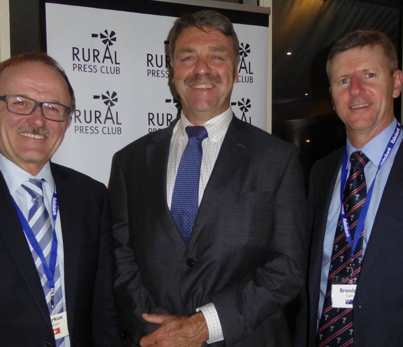 Speaking up: International Federation of Agricultural Journalists president Marcus Rediger with Indigenous Land Corporation director Garry Cook and Queensland Rural Press Club president Brendan Egan. Photo: Sally Cripps.