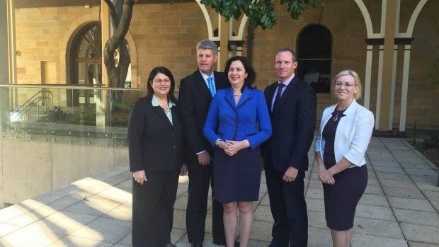 Premier Annastacia Palaszcauk with her new ministers. From left are Grace Grace, Stirling Hinchliffe, Ms Palaszczuk, Mick de Brenni and Leanne Donaldson. Photo: Amy Remeikis