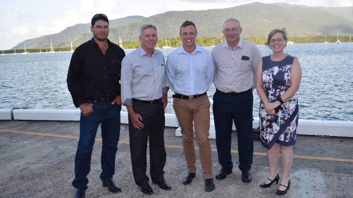 Buster O'Loughlin, Exevale Station, Nebo, Dr Scott Crawford, CEO, NQ Dry Tropics, Dr Steven Miles, Qld Minister for Environment and Heritage Protection, Joe Marano, Chair, Wet Tropics Sugar Industry Partnership and Carole Sweatman, CEO, Terrain NRM. 