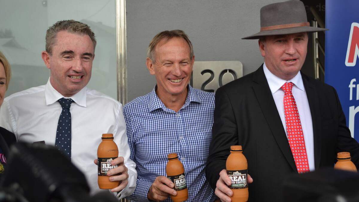 Page Nationals MP Kevin Hogan (left), Norco Chair Greg McNamara and acting PM Barnaby Joyce at yesterday's announcement in co-operative central, Lismore.