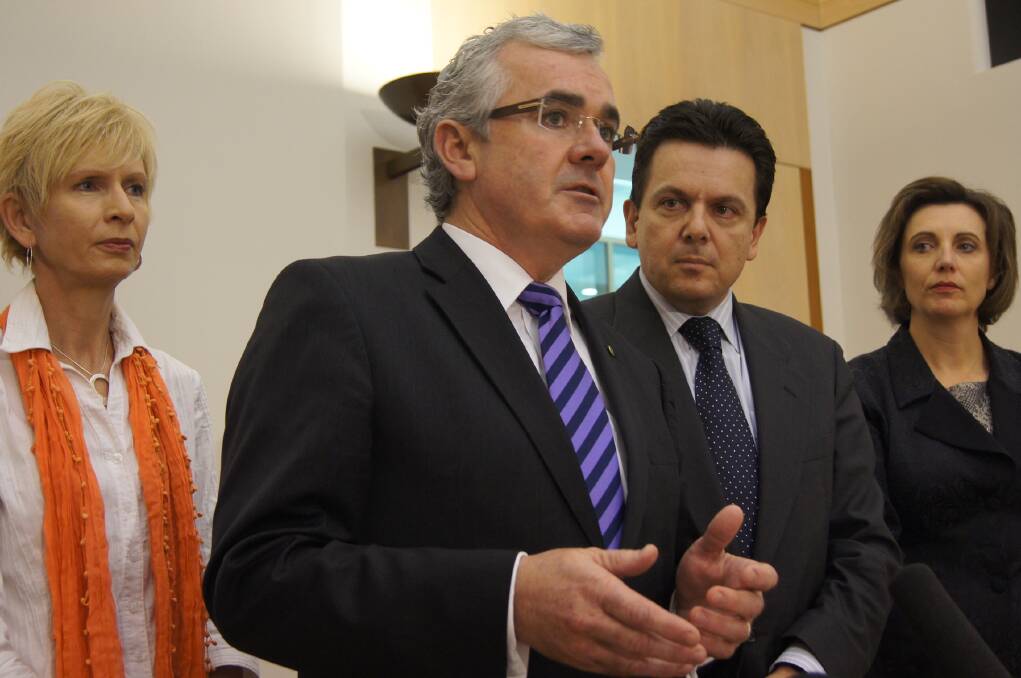 Animals Australia's Lyn White (left), Independent MP Andrew Wilkie, former Senator Nick Xenophon and RSPCA Australia's Heather Neil, each with shared views on banning live exports. 